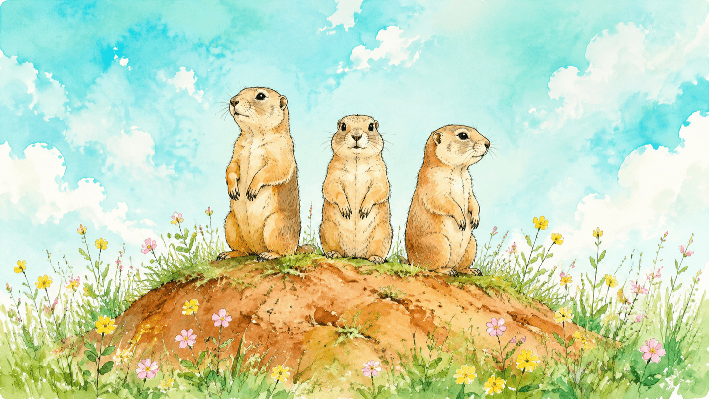 花の咲く草原の丘の上に並んで立つ、三匹のプレーリードッグの水彩イラスト