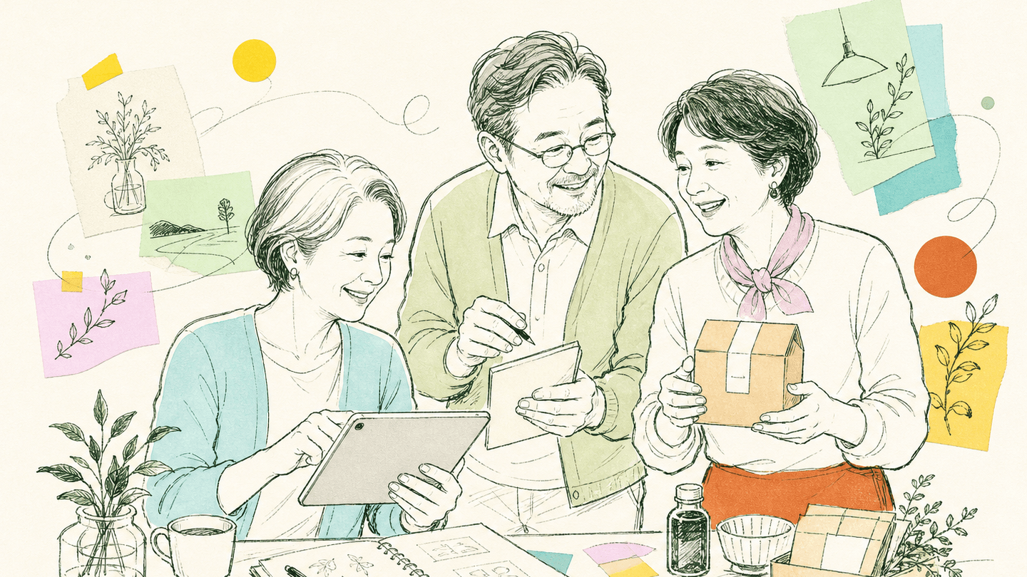 タブレットやノートを囲み、活動の相談をする三人のシニア